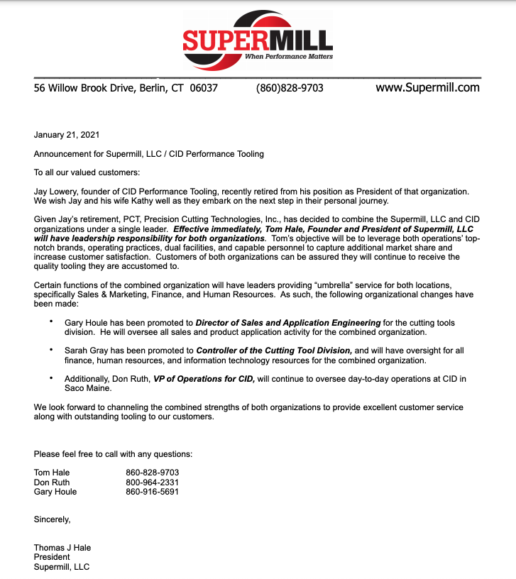 Special Message Letter from Supermill's Tom Hale